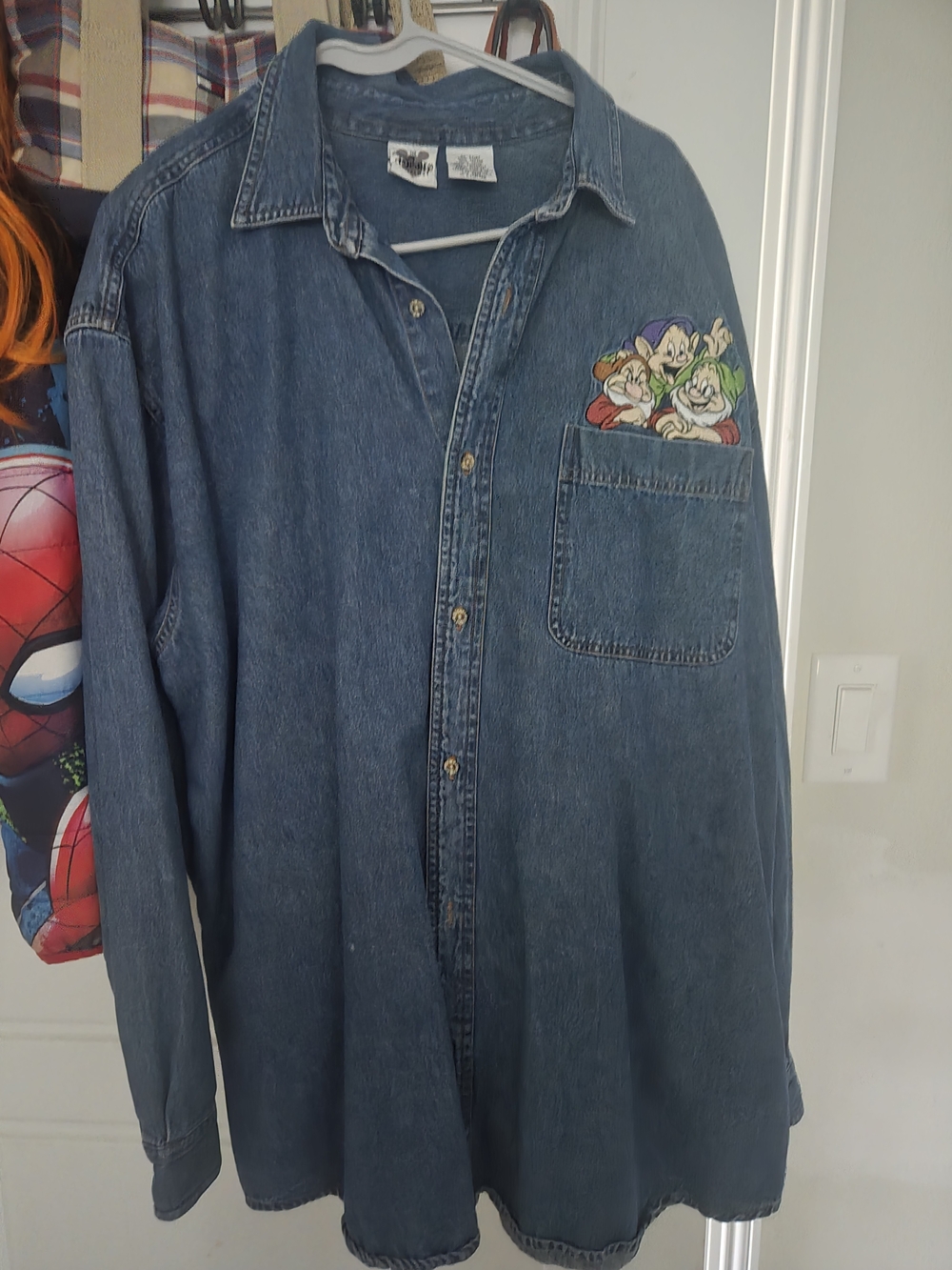 Disney Blue Denim Button-Down Shirt with Seven Dwarfs Pocket Embroidery